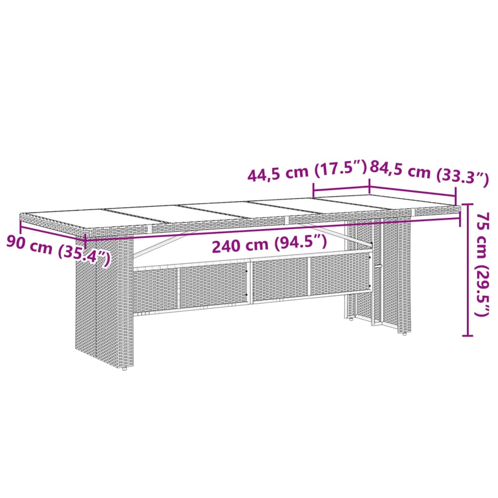 Table de jardin avec plateau en verre 240x90x75 cm poly rotin