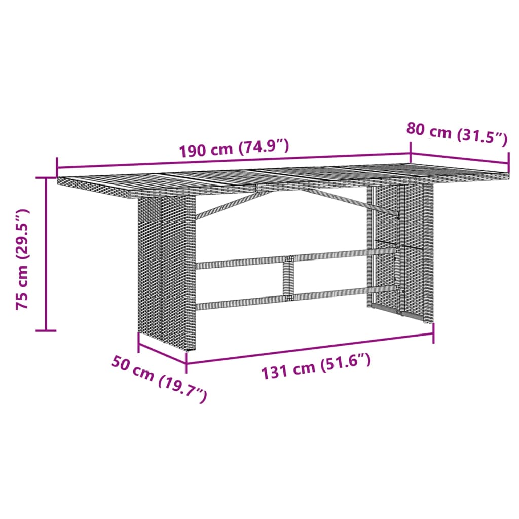 Table de jardin avec plateau en verre 190x80x75 cm poly rotin