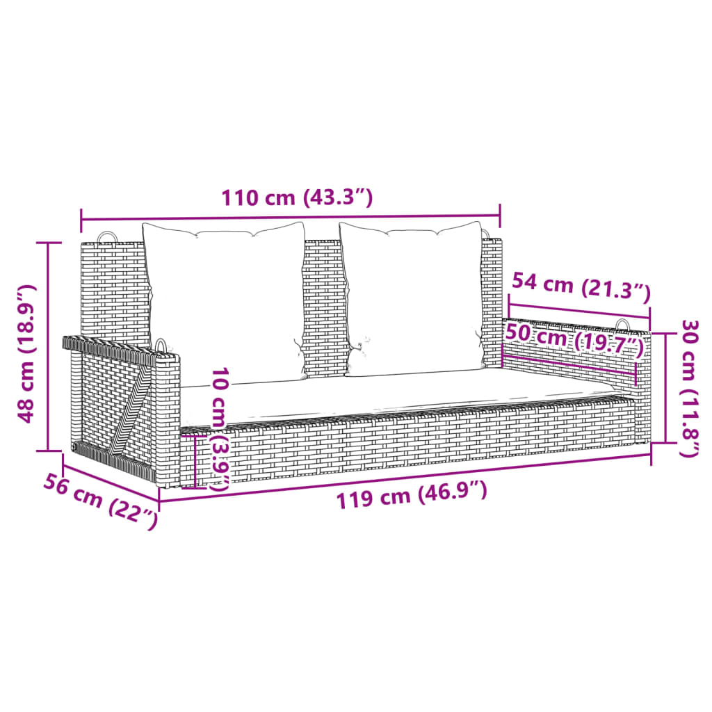 Banc balançoire avec coussins 119x56x48 cm poly rotin