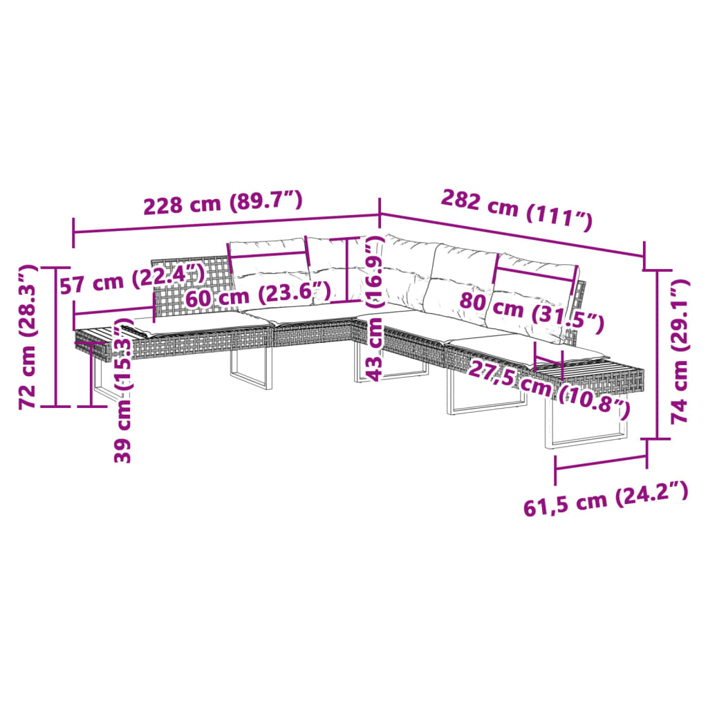 Banc de jardin avec coussins en forme de L en polyrotin et bois d'acacia