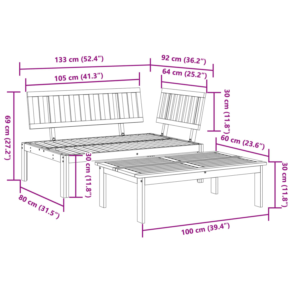 Table de jardin 100x60x30 cm en bois d'acacia massif