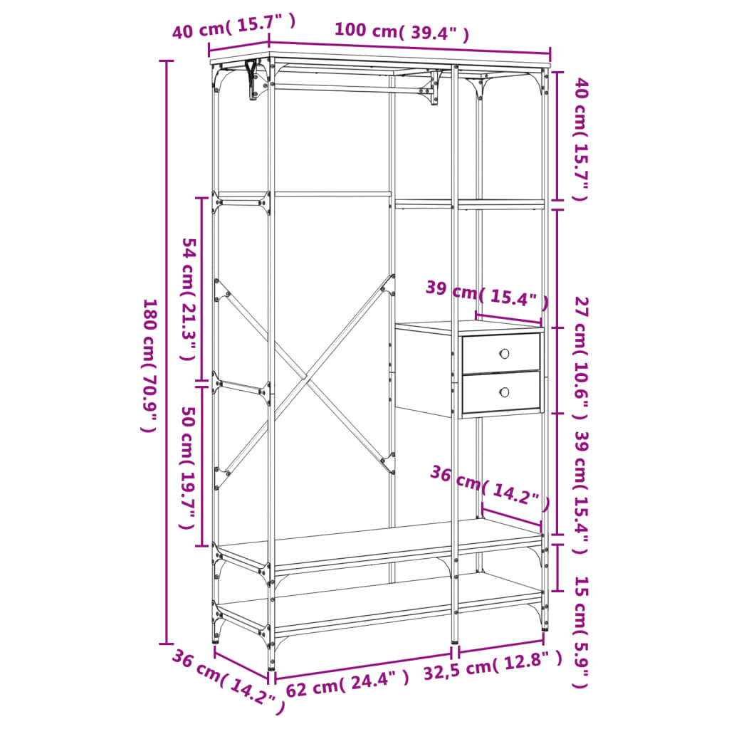 Kledingkast met lades 100x40x180 cm bewerkt hout bruineiken