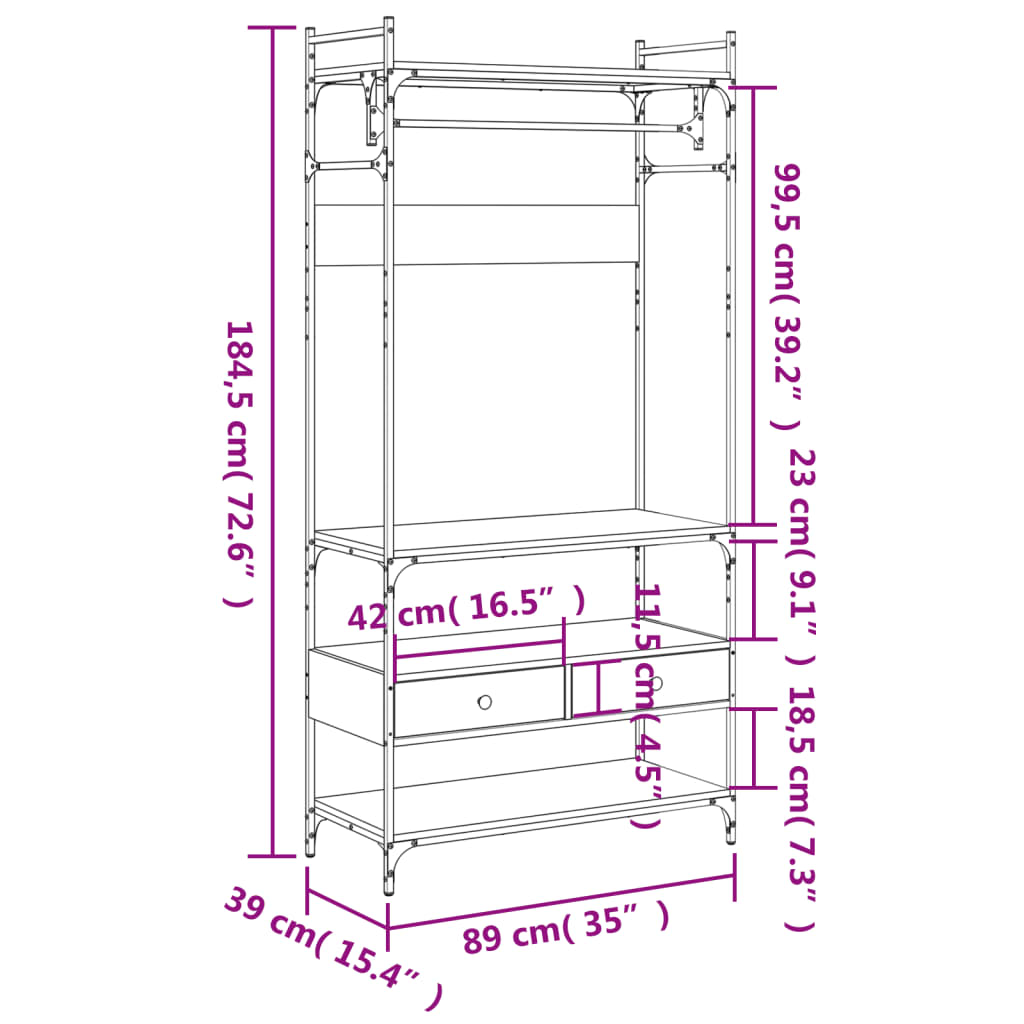 Kledingkast met lades 89x39x184,5 cm bewerkt hout