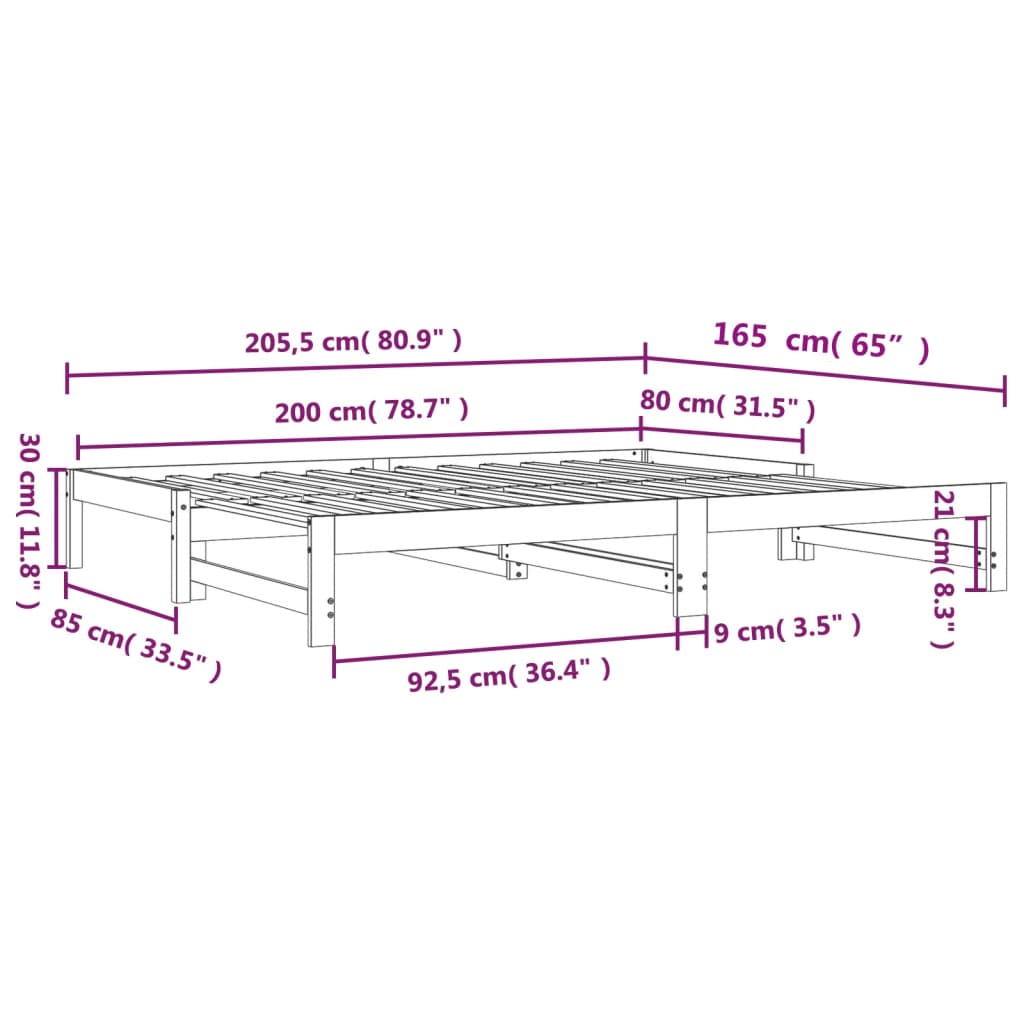 Slaapbank uitschuifbaar massief grenenhout 2x(90x200) cm