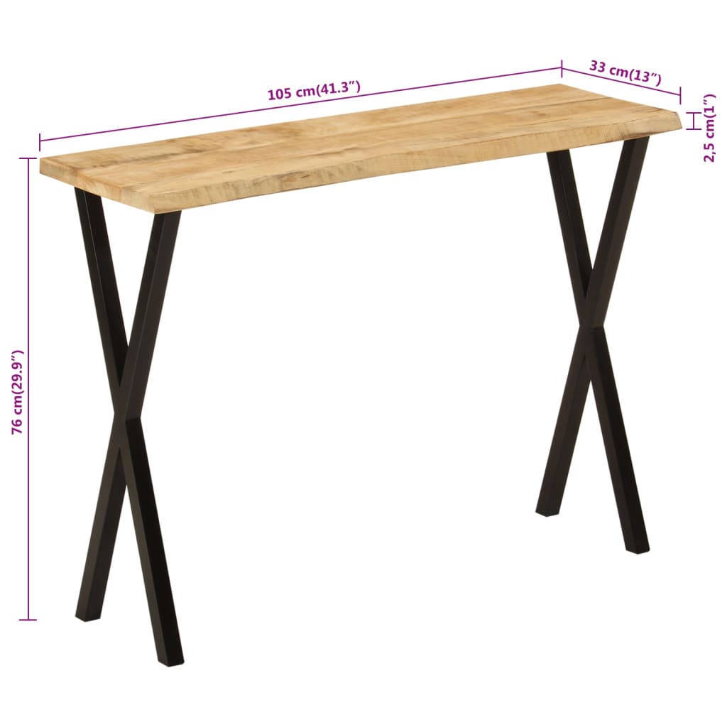 Table console à bord naturel 105x33x76 cm en bois de manguier massif