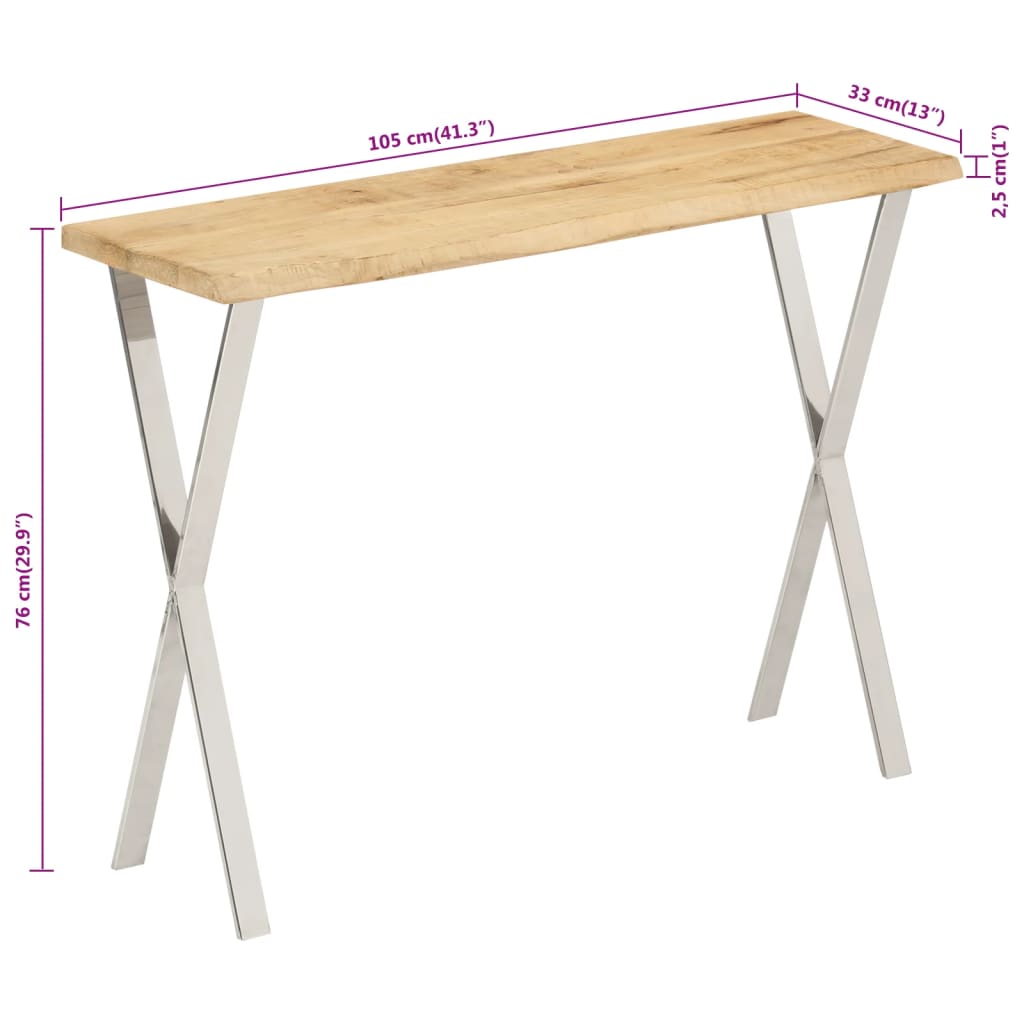 Table console à bord naturel 105x33x76 cm en bois de manguier massif