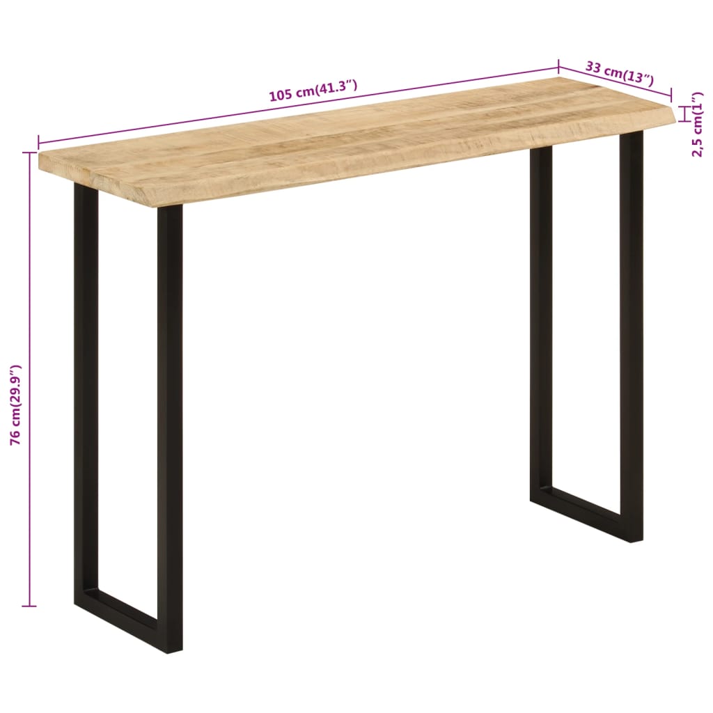 Table console à bord naturel 105x33x76 cm en bois de manguier massif