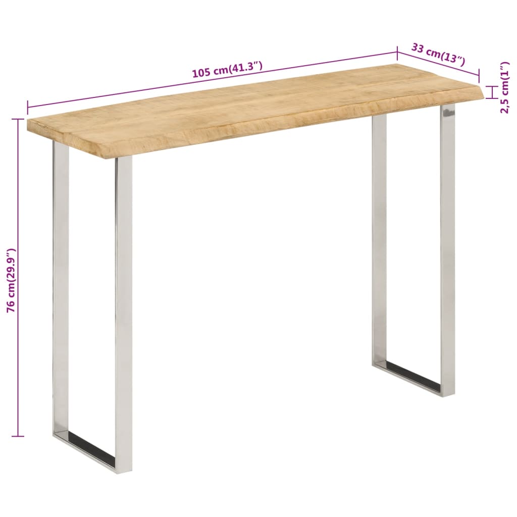 Table console à bord naturel 105x33x76 cm en bois de manguier massif