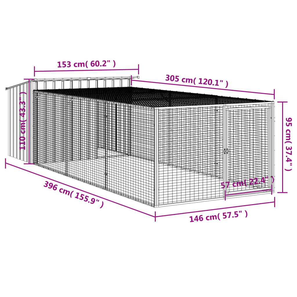 Hondenhok met ren 153x194x110 cm staal antracietkleurig