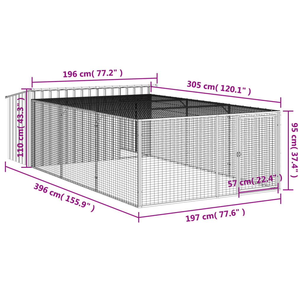 Hondenhok met ren 153x194x110 cm staal antracietkleurig