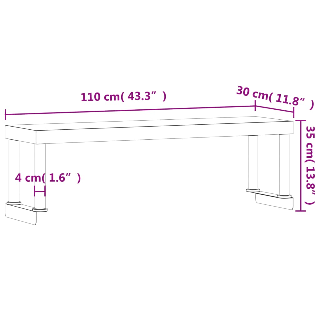 Verhoging voor werktafel 2-laags 110x30x65 cm roestvrij staal