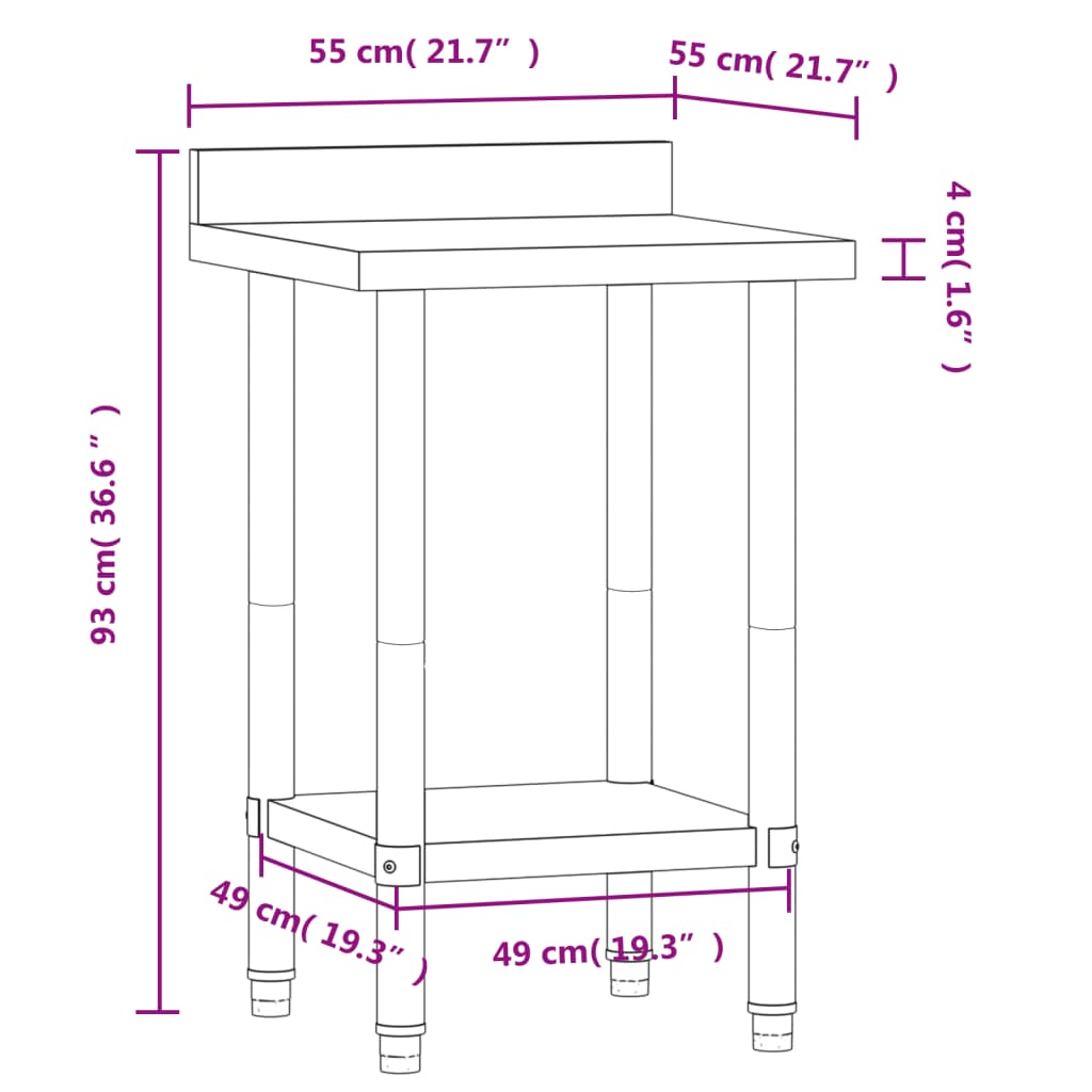 Table de travail de cuisine avec protection anti-éclaboussures 110x55x93 cm en acier inoxydable