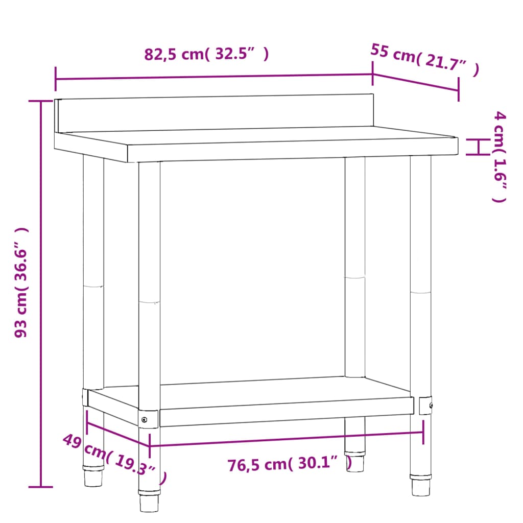 Table de travail de cuisine avec protection anti-éclaboussures 110x55x93 cm en acier inoxydable