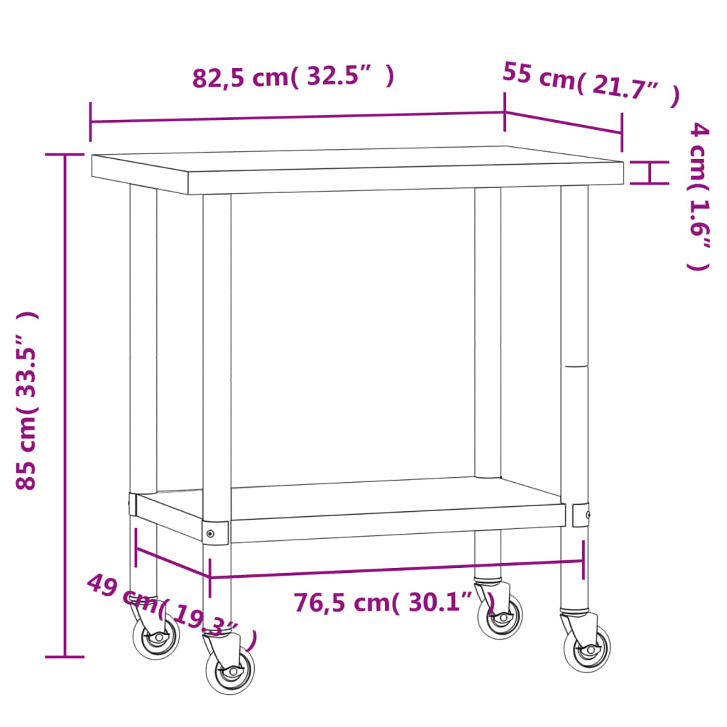 Table de travail de cuisine à roulettes 82,5x55x85 cm en acier inoxydable