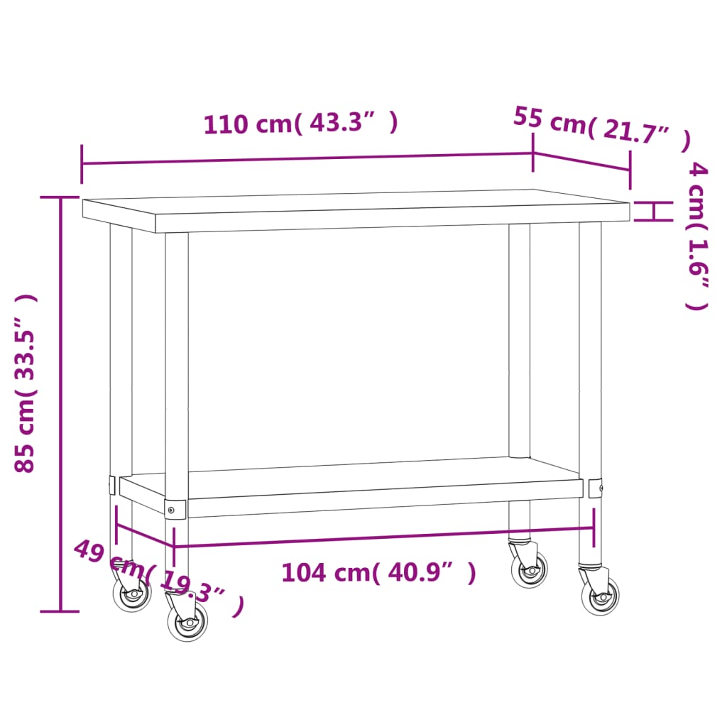 Keukenwerktafel met wielen 82,5x55x85 cm roestvrij staal