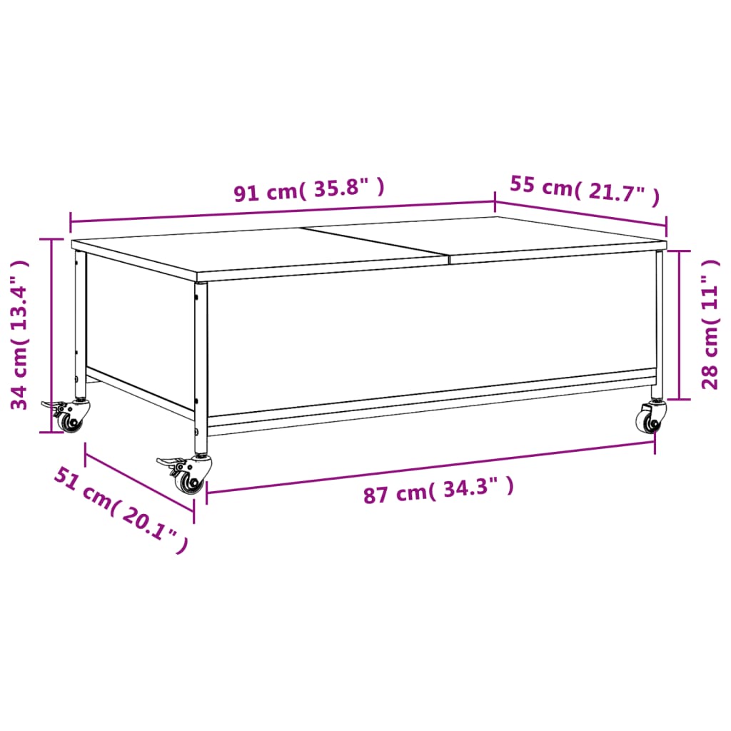 Table basse à roulettes 91x55x34 cm en bois travaillé