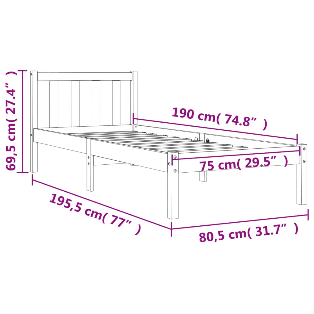 Bedframe massief grenenhout 75x190 cm