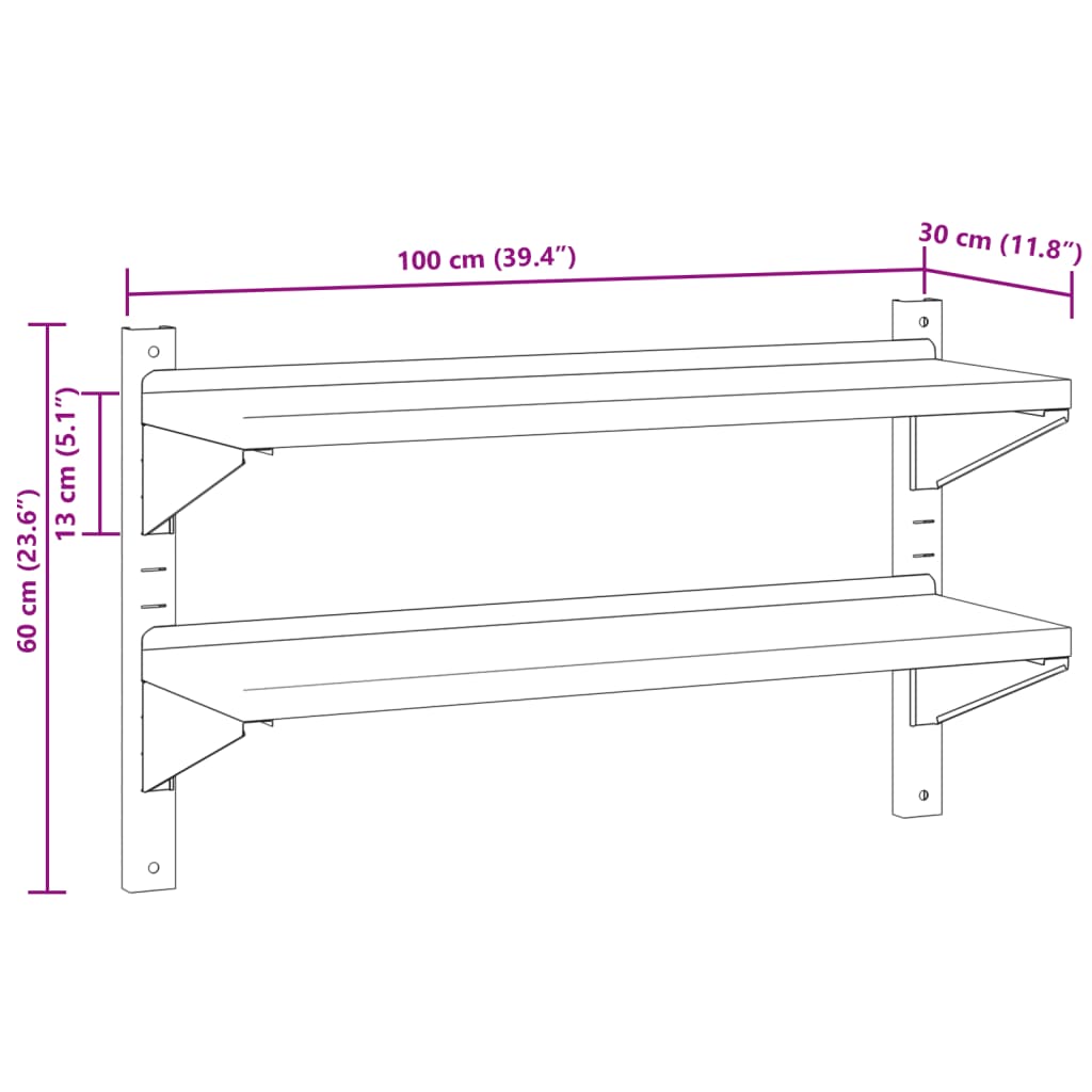 Wandschap 2-laags 100x40x60 cm roestvrijstaal zilverkleurig