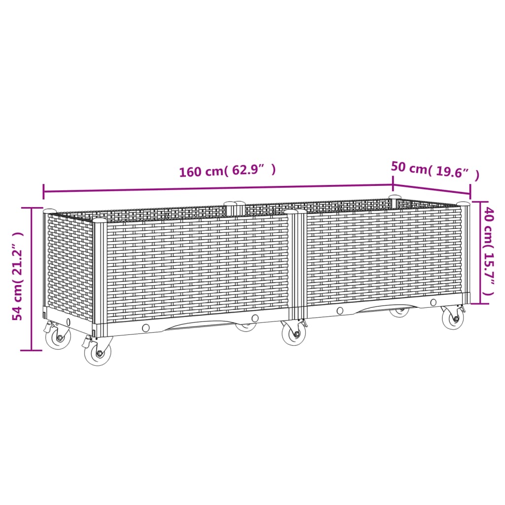 Plantenbak met wielen 100x80x54 cm polypropeen bruin