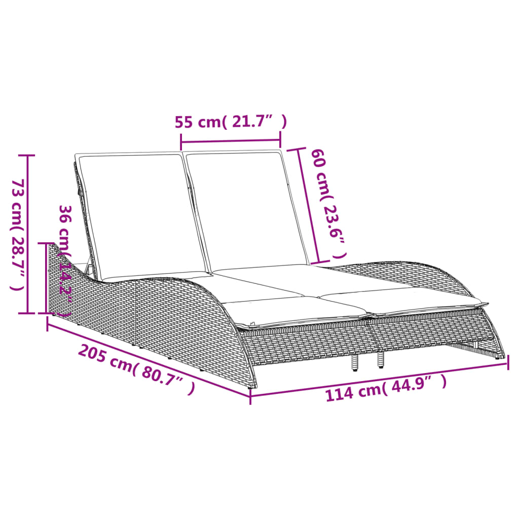 Ligbed met kussens 114x205x73 cm poly rattan bruin