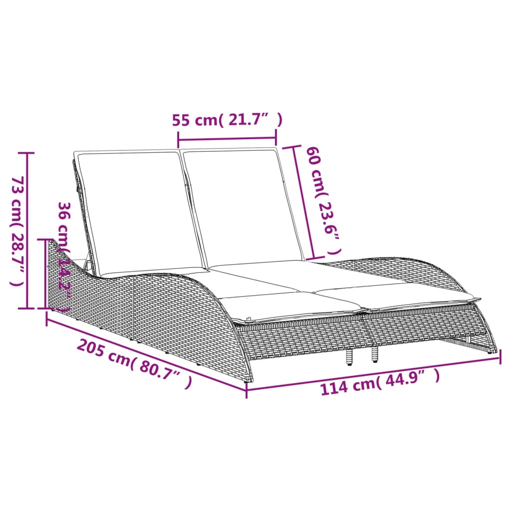 Ligbed met kussens 114x205x73 cm poly rattan bruin