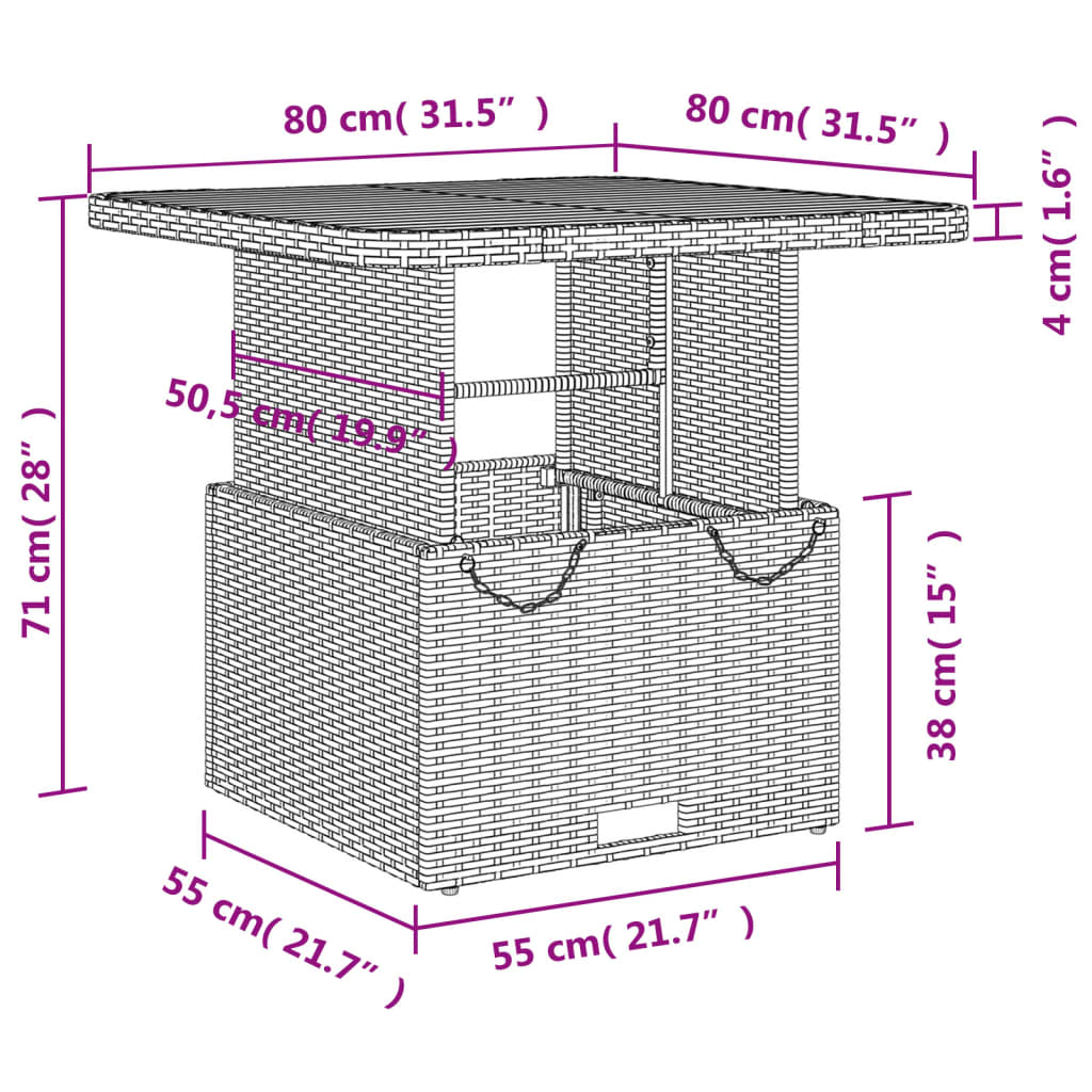 Table de jardin 80x80x71 cm poly rotin et bois d'acacia