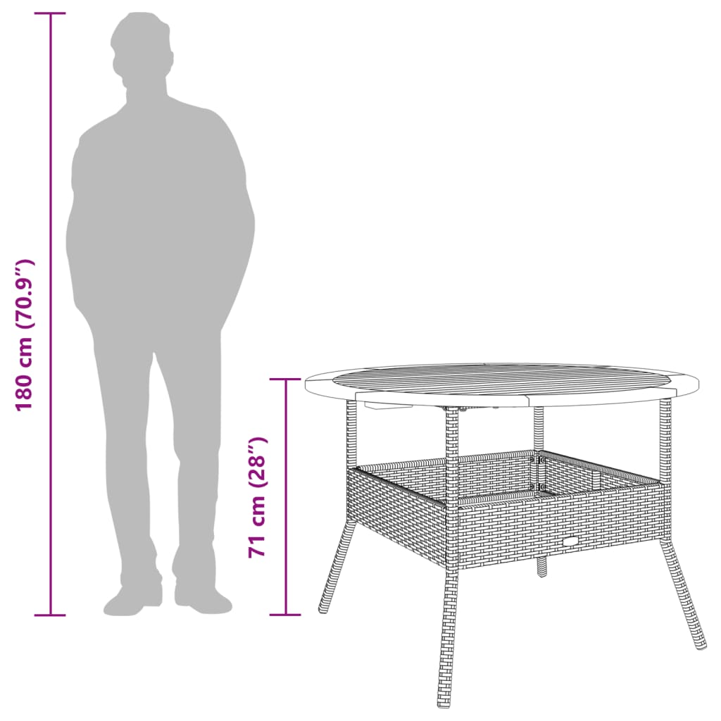 Tuintafel met acaciahouten blad Ø110x71 cm poly rattan zwart