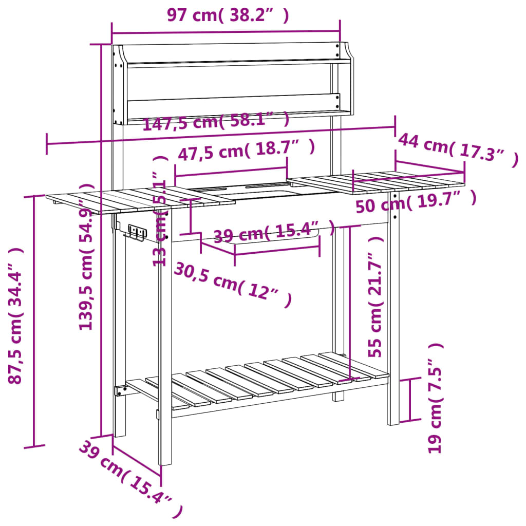 Oppottafel met spoelbak 147,5x44x139,5 cm massief vurenhout