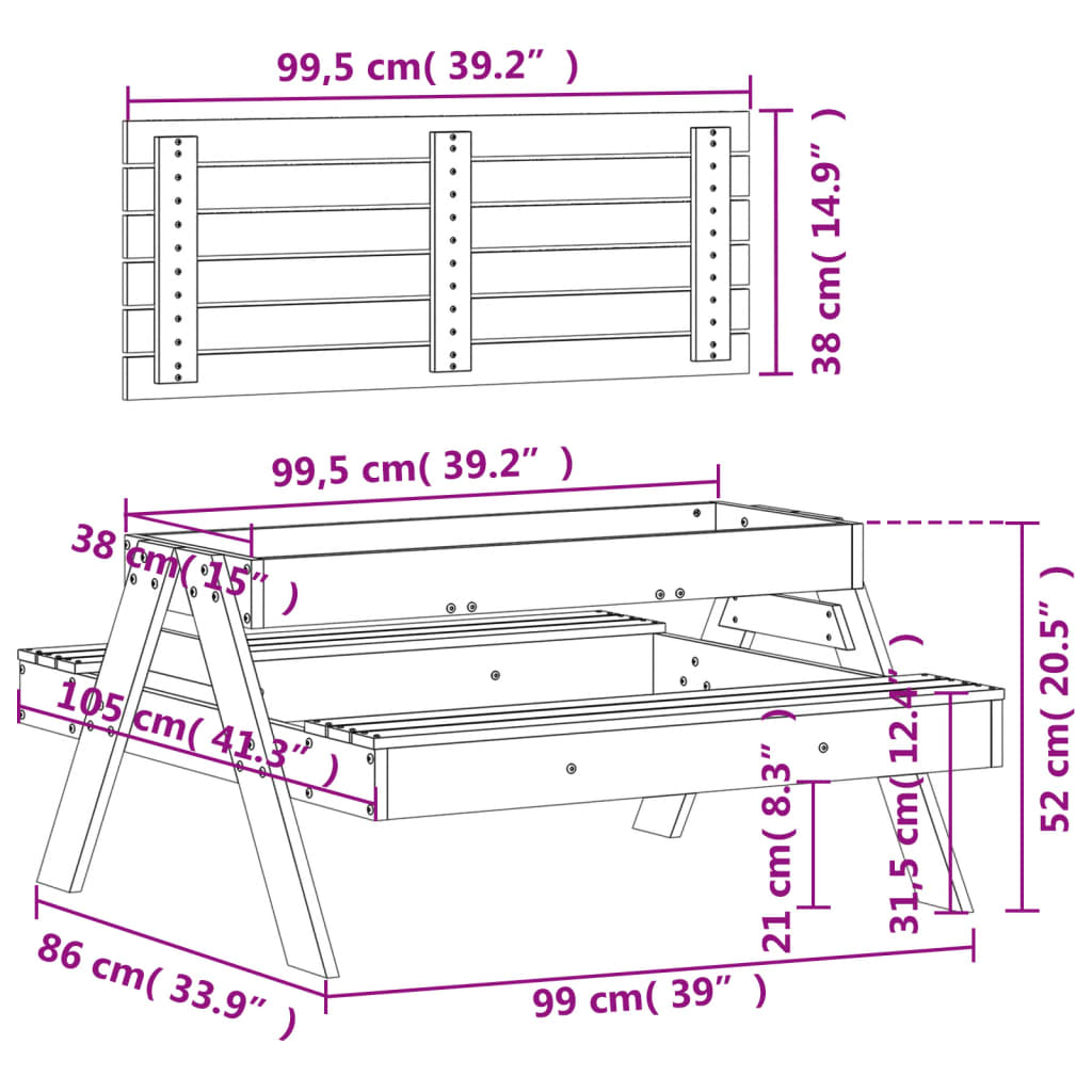 Picknicktafel met zandbak voor kinderen massief grenenhout