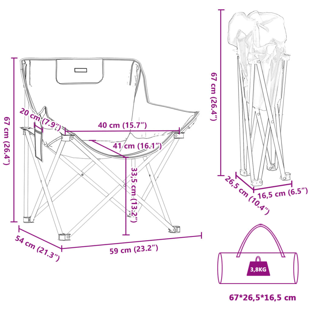 Campingstoelen 2 st met vakje inklapbaar bruin