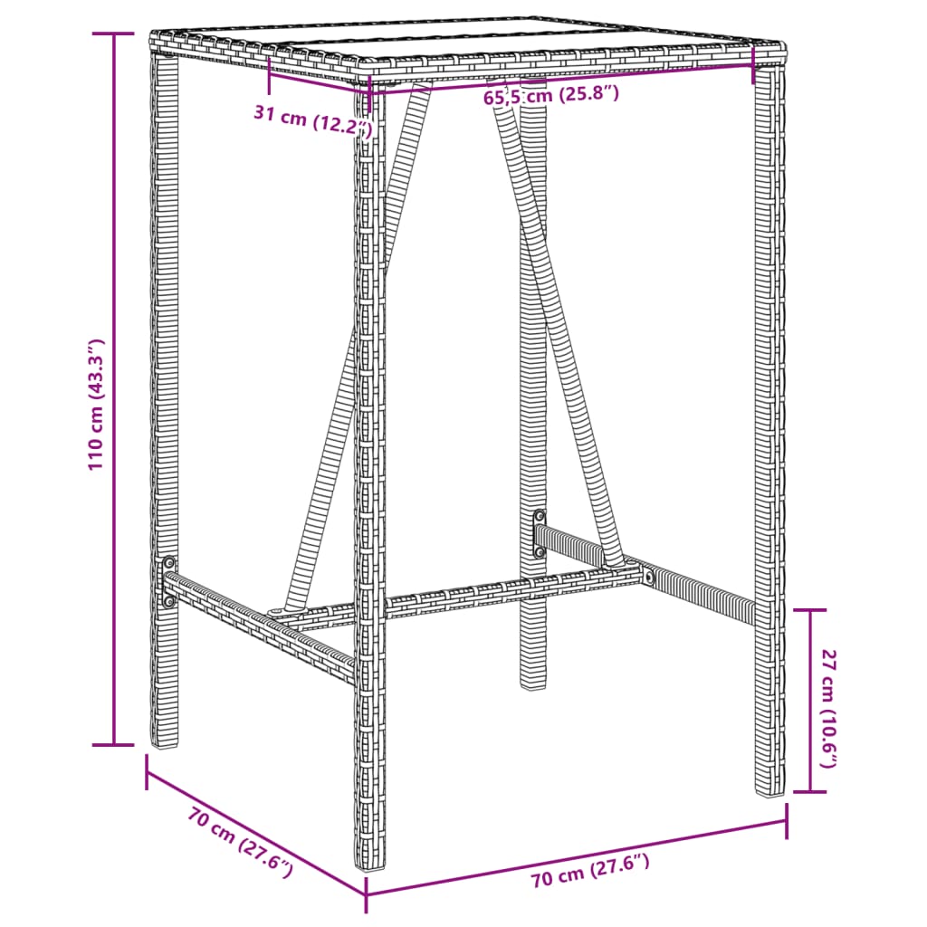 Bartafel met glazen blad 110x70x110 cm poly rattan