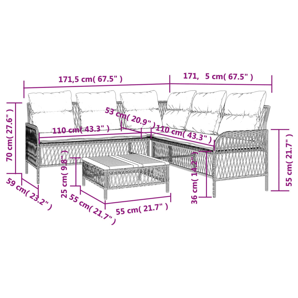 2-delige Loungeset met kussens poly rattan beige