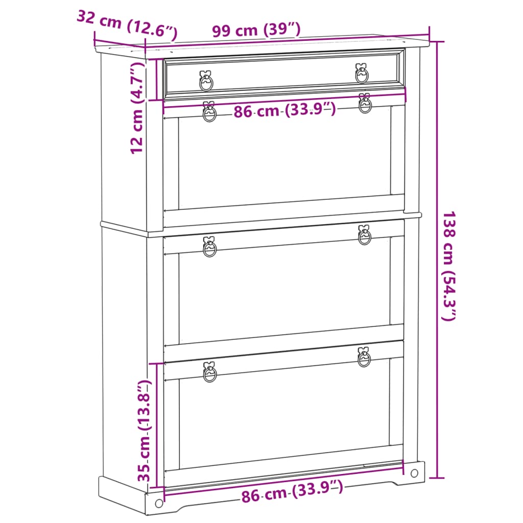 Schoenenkast Corona 99x32x138 cm massief grenenhout