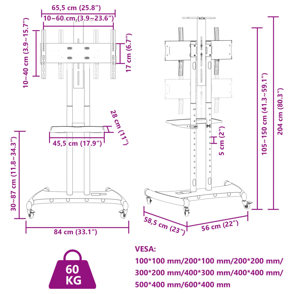 Tv-standaard wielen 32"-90" scherm 100 kg Max VESA 800x600 mm