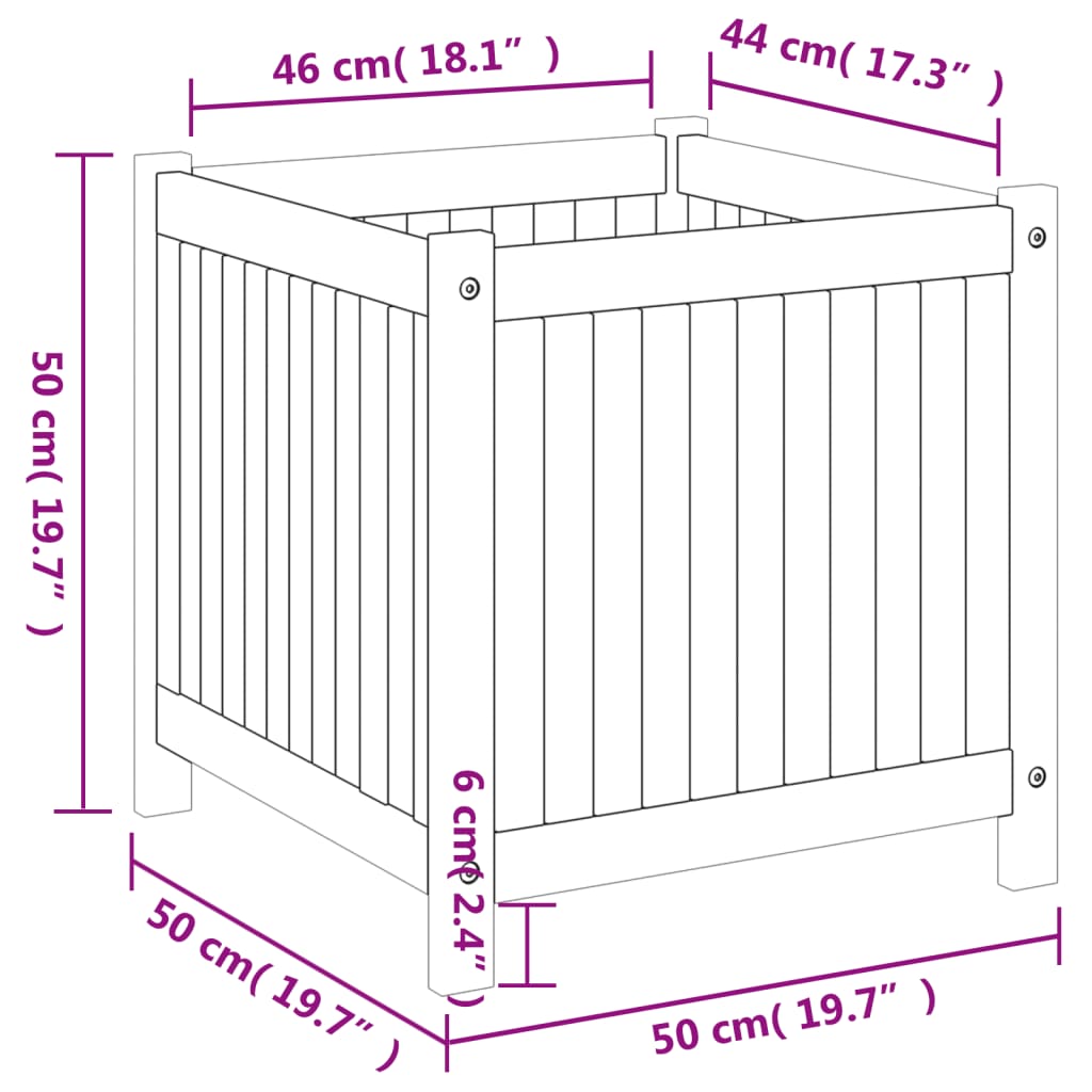 Plantenbak met voering 50x50x100 cm massief acaciahout