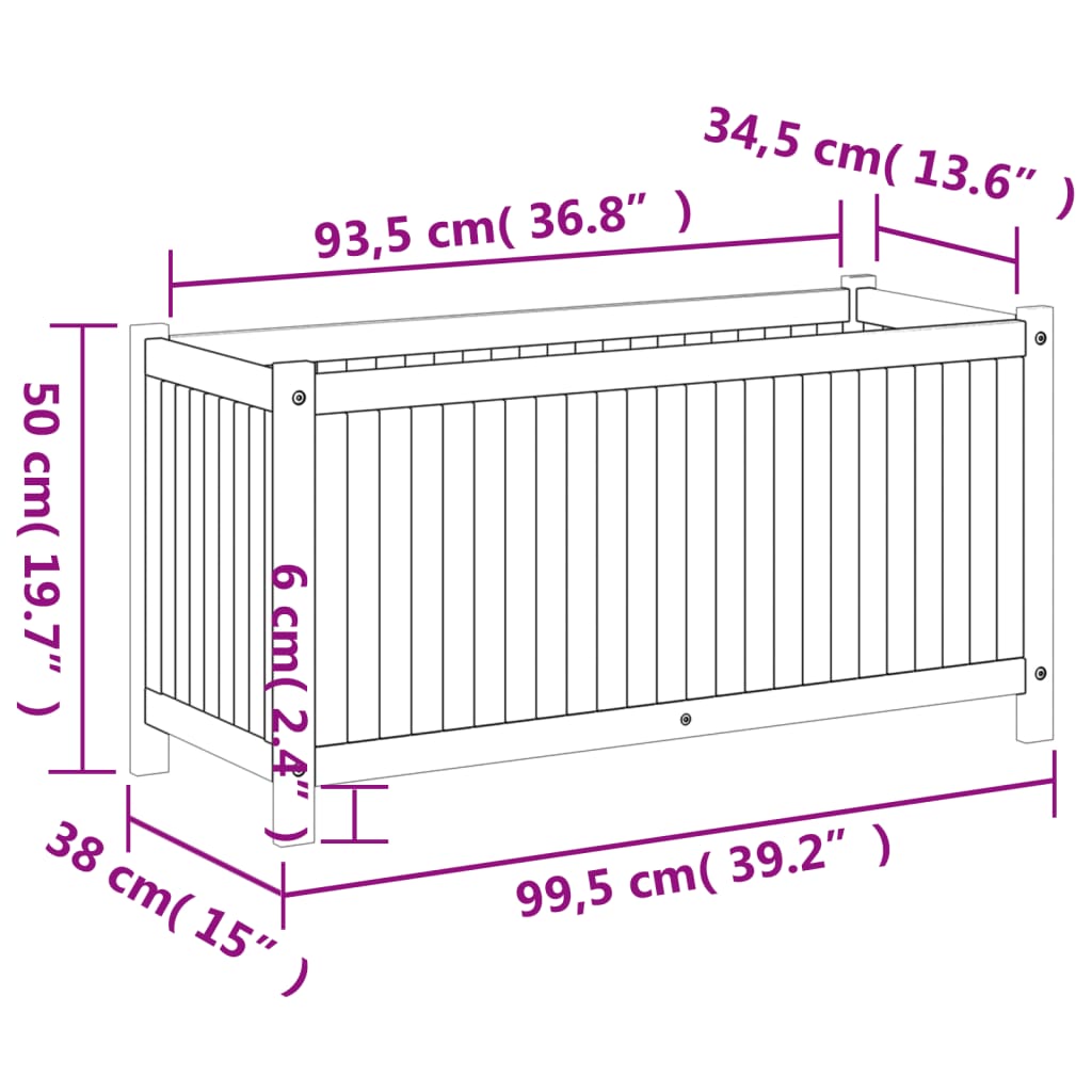 Plantenbak met voering 50x50x100 cm massief acaciahout