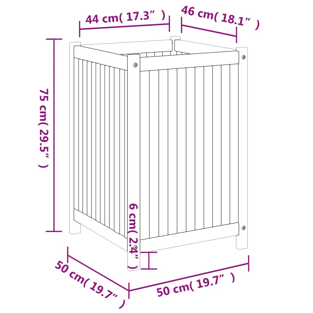 Plantenbak met voering 50x50x100 cm massief acaciahout