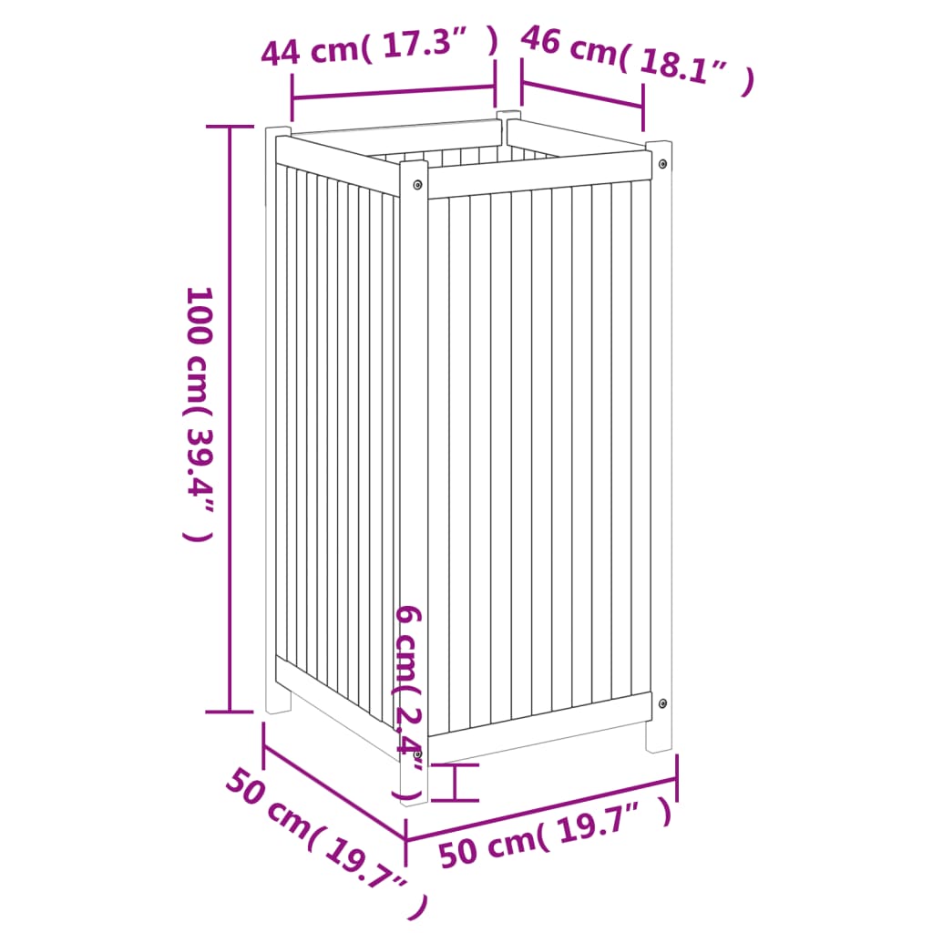 Plantenbak met voering 50x50x100 cm massief acaciahout