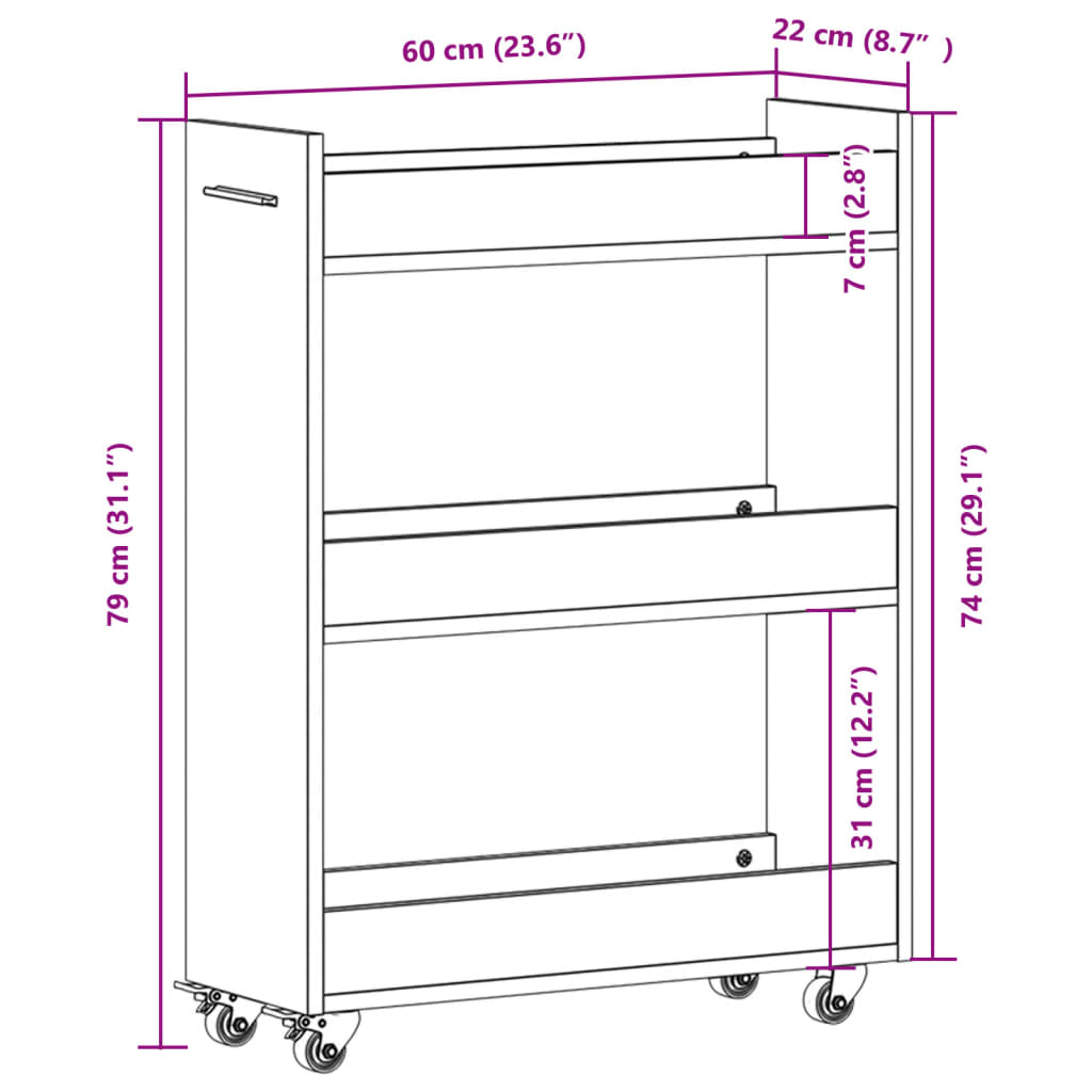 Armoire à roulettes 60x22x79 bois fini