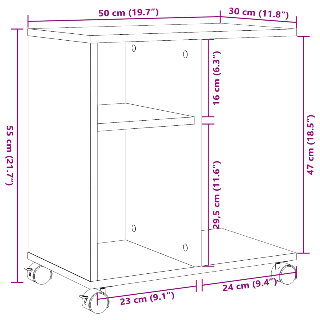 Table d'appoint à roulettes 50x30x55 cm en bois travaillé