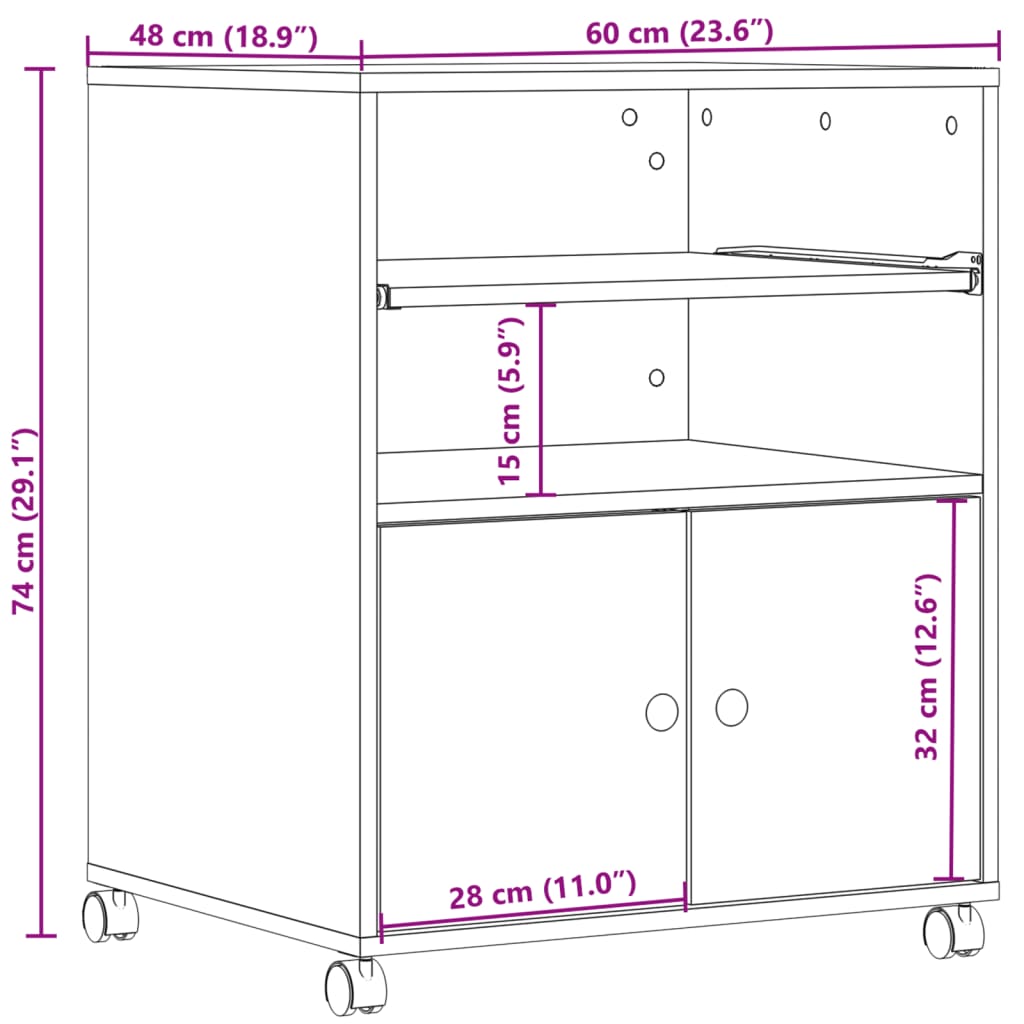 Armoire pour imprimante à roulettes 60x48x74 cm