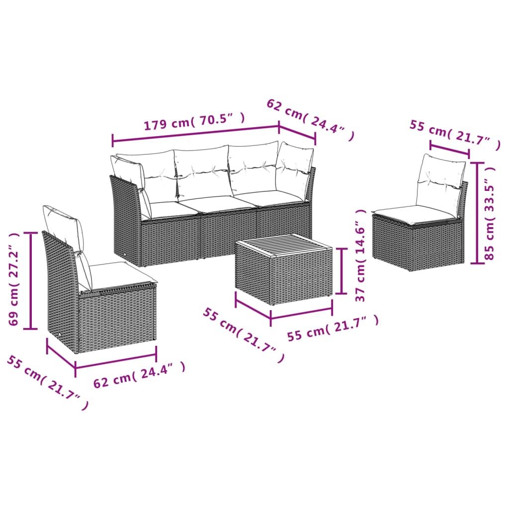 6-delige Loungeset met kussens poly rattan