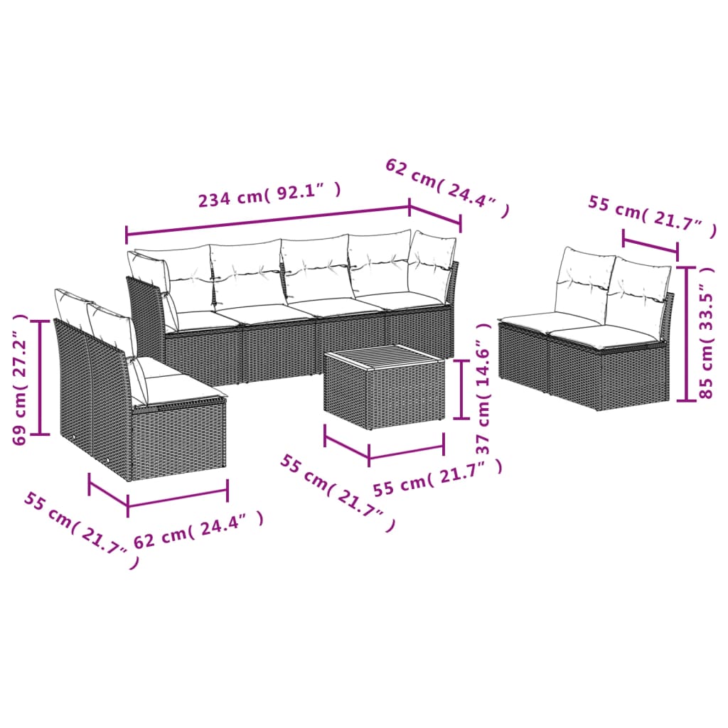 9-delige Loungeset met kussens poly rattan