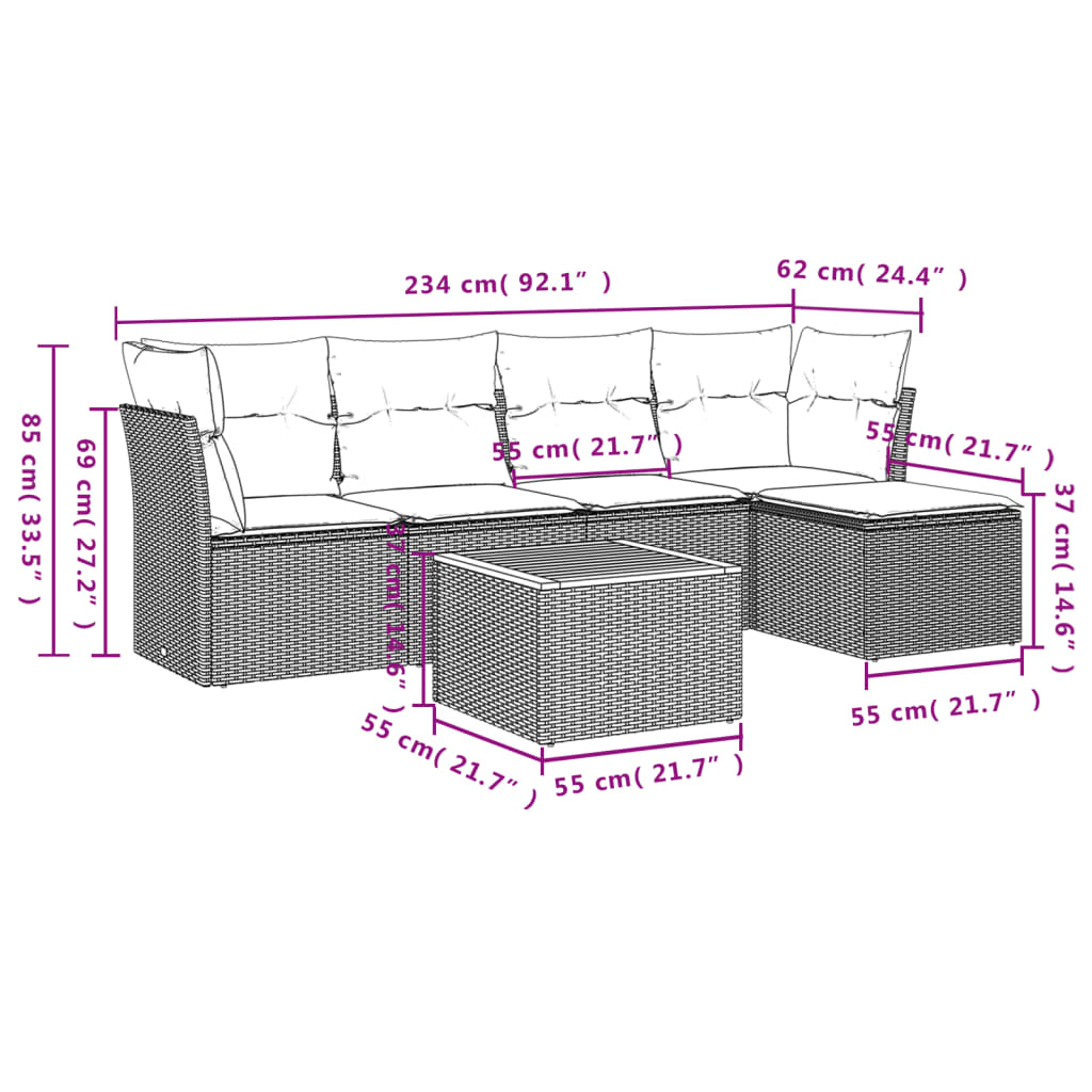 6-delige Loungeset met kussens poly rattan