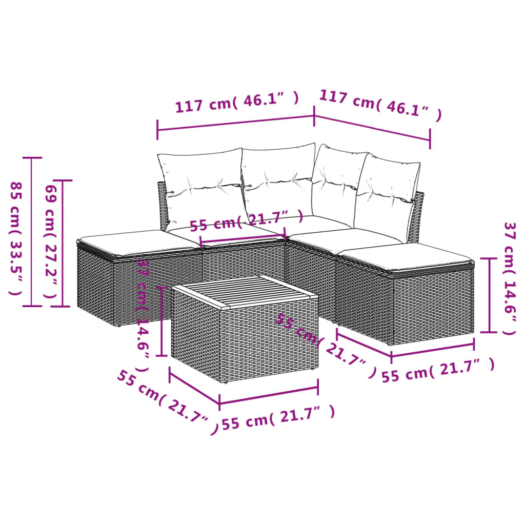 6-delige Loungeset met kussens poly rattan