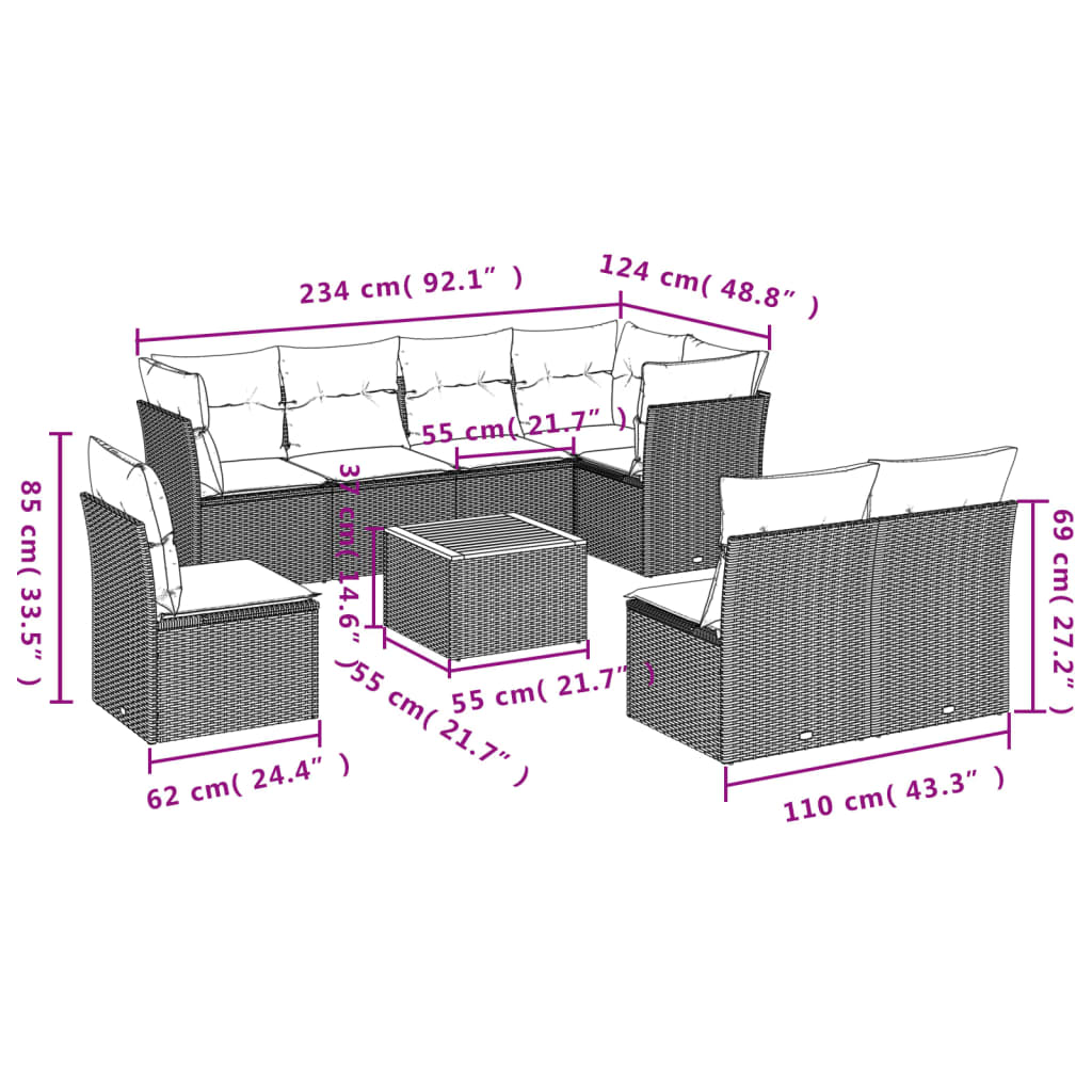 9-delige Loungeset met kussens poly rattan