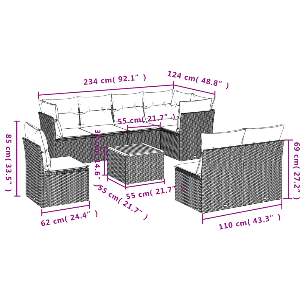 9-delige Loungeset met kussens poly rattan