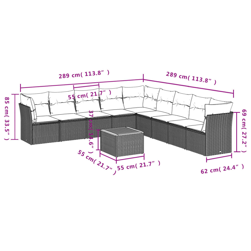 10-delige Loungeset met kussens poly rattan