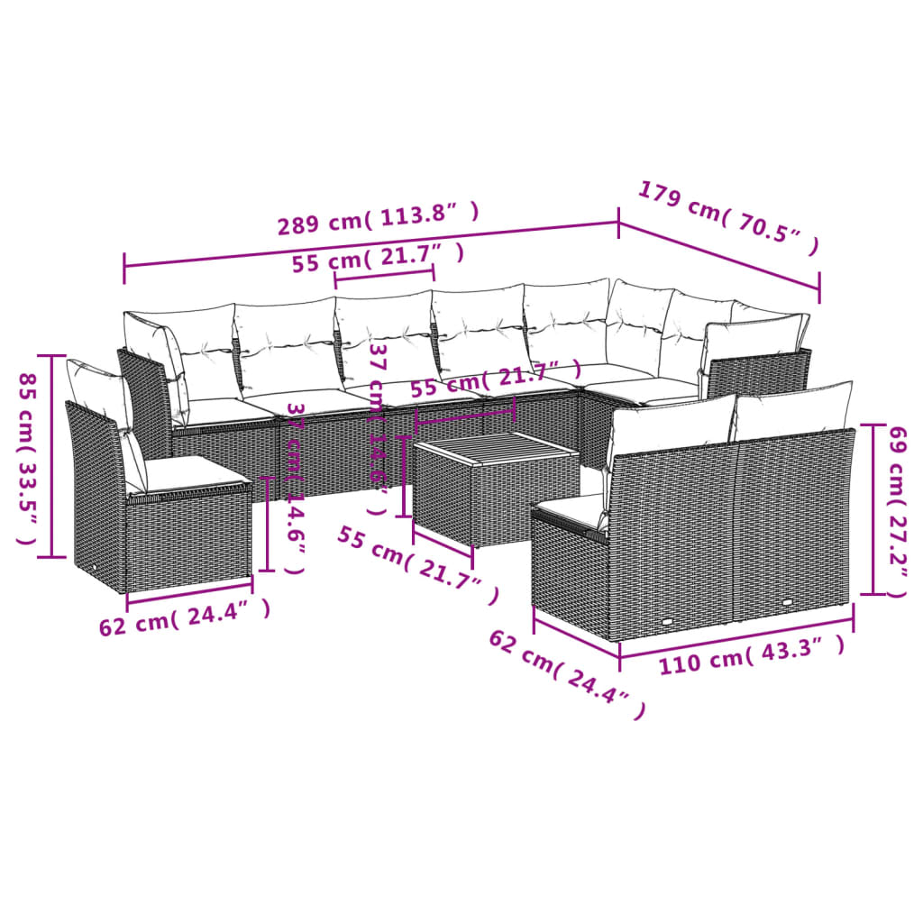 Ensemble de jardin 11 pièces avec coussins en polyrotin