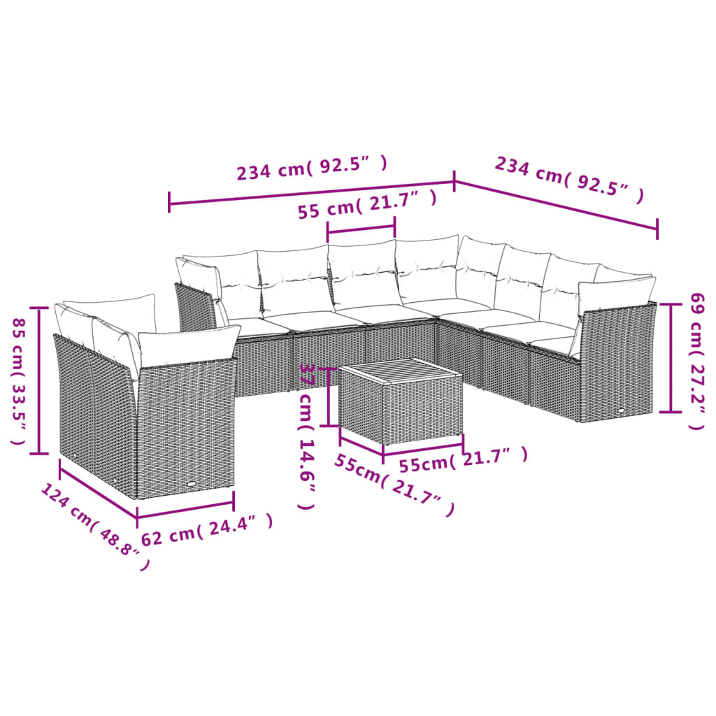 10-delige Loungeset met kussens poly rattan